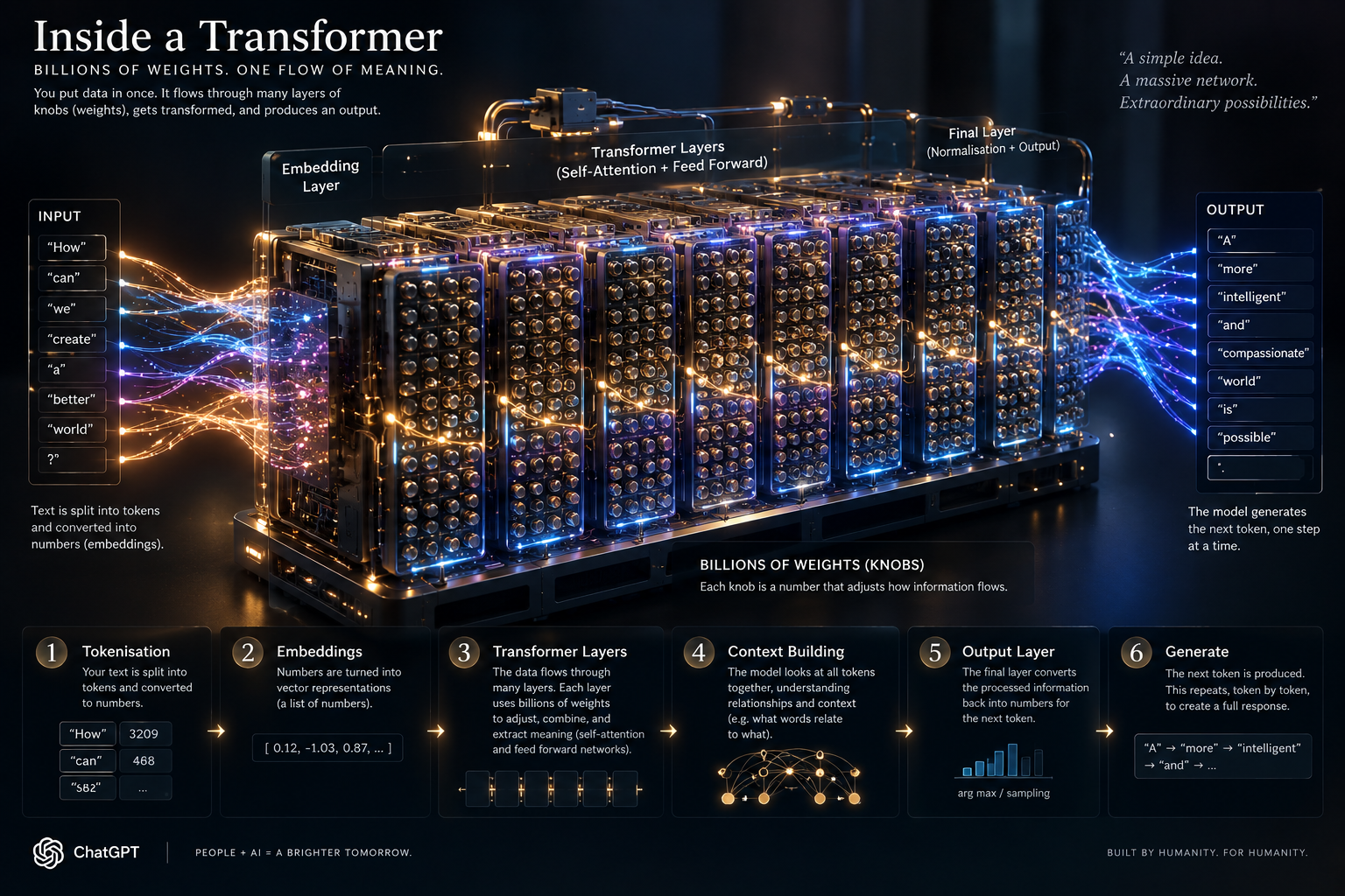 An imagined transformer built from banks of adjustable knobs. Text enters on the left, passes through embedding and transformer layers, then next-token scores leave on the right. The repeat loop is explained below.