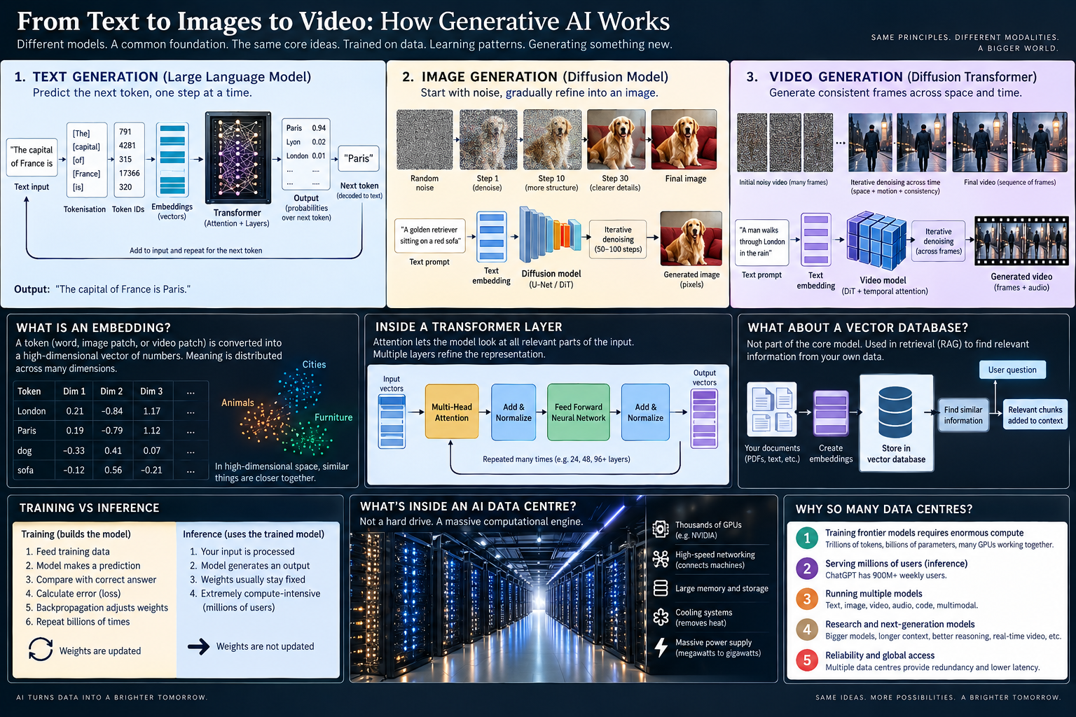 A visual summary comparing next-token text generation, image diffusion and video generation, with additional panels on embeddings, transformer layers, retrieval, training and data centres. Readable explanations and clarifications follow.