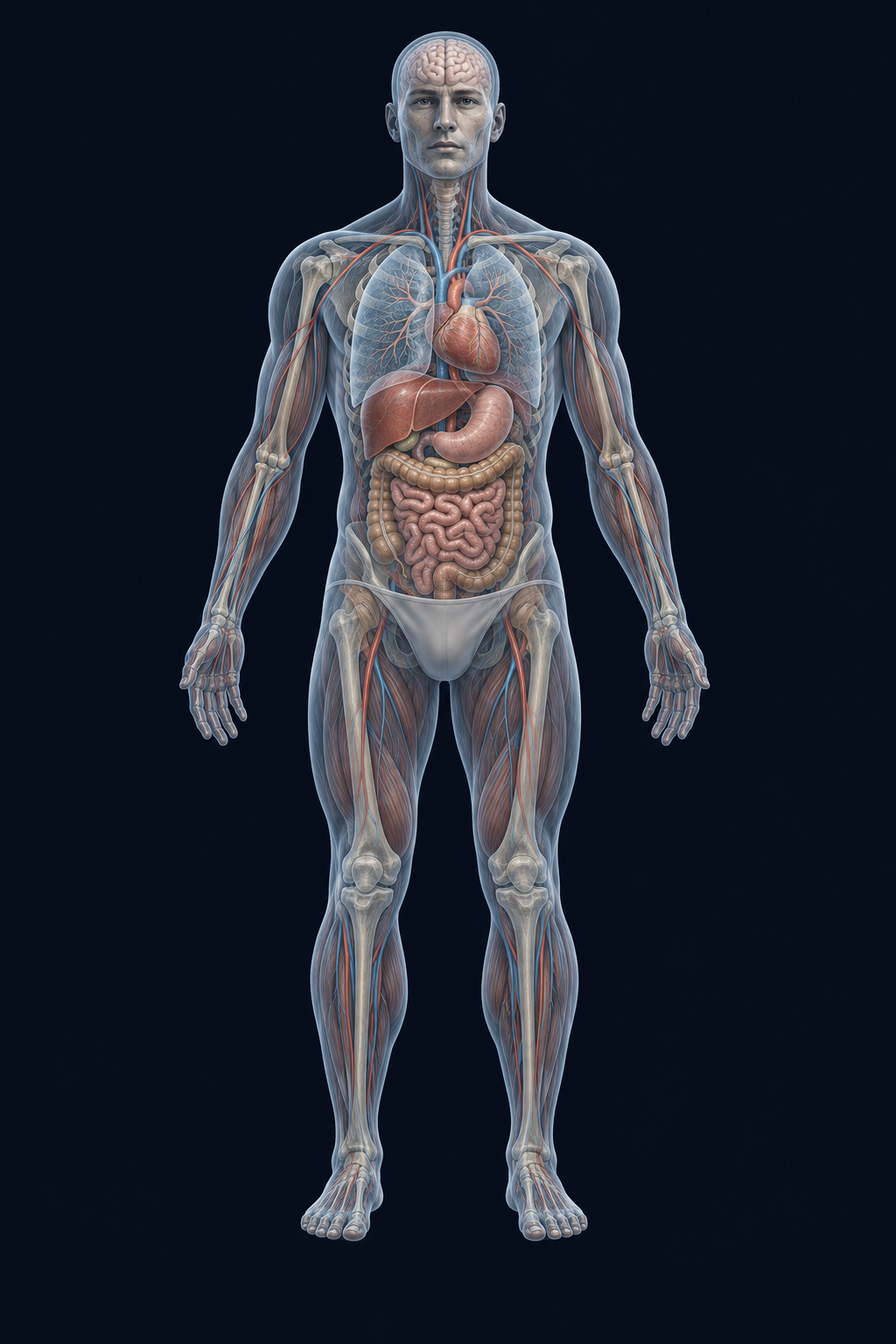 An anatomical illustration showing the human body's connected systems