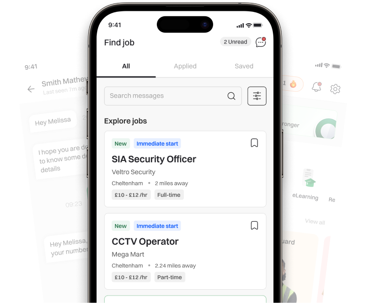 GuardPass app preview showing security job listings, messaging and learning