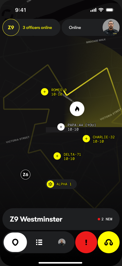 OnSiren app design showing the Westminster zone, officer call signs, Alpha One and radio controls