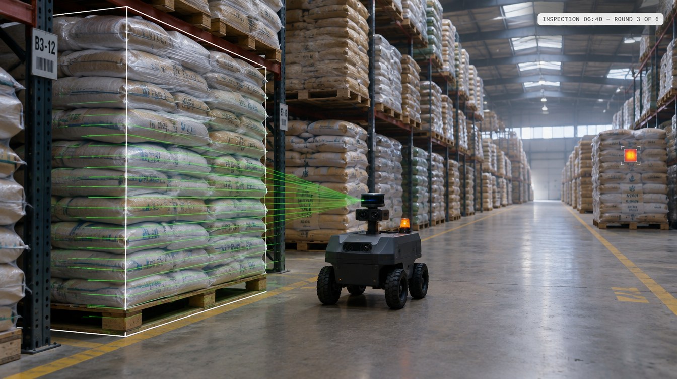 Biruni’s ARIA project illustration: a mobile robot observes stacks of inventory in a warehouse.
