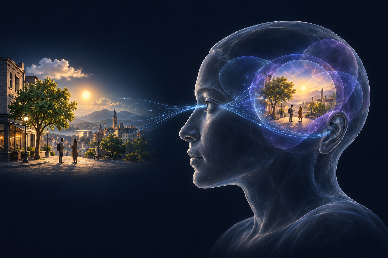 A person faces a sunlit street. Sensory signals enter their eye and ear. Within their translucent head, beliefs, language and past experience surround an inner interpretation of the same scene.